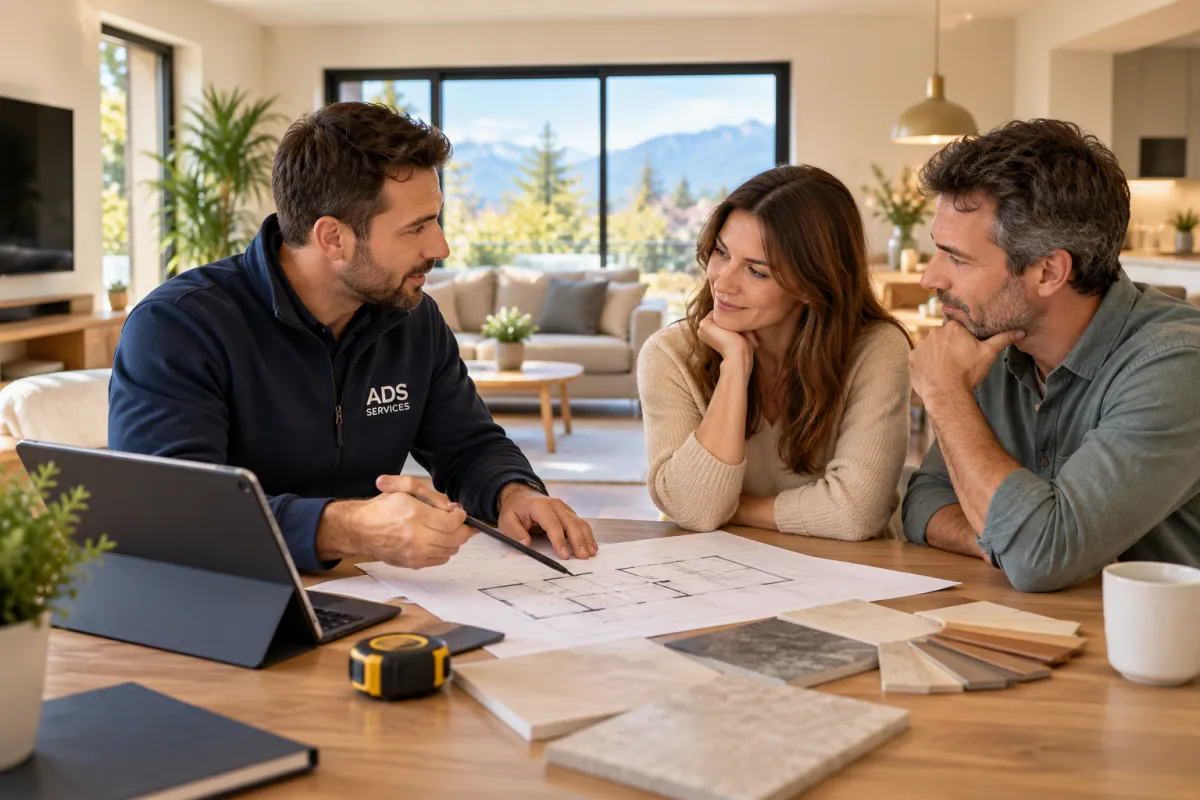 Artisan ADS Services parcourant un plan et des échantillons de revêtements avec un couple