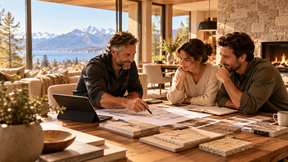 Artisan expliquant un plan de rénovation à un couple autour d’une table