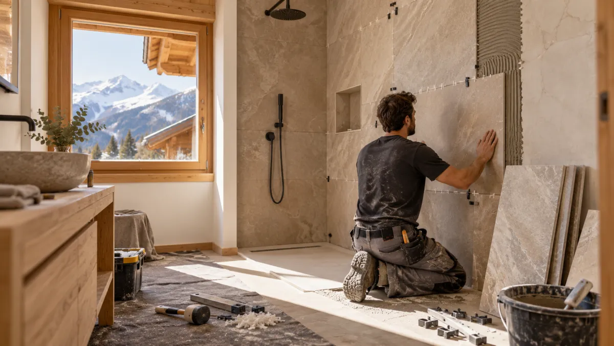 Artisan posant de grands carreaux muraux dans une salle de bains en rénovation, près de la douche à l’italienne