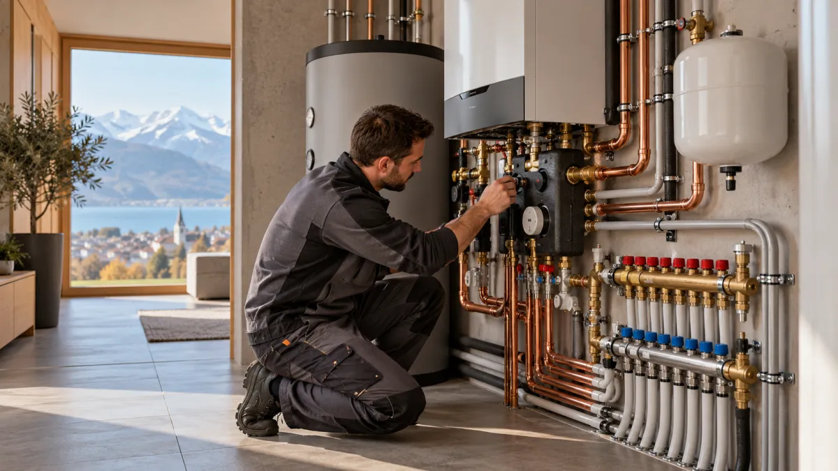 Technicien intervenant sur les raccordements d’une installation de chauffage