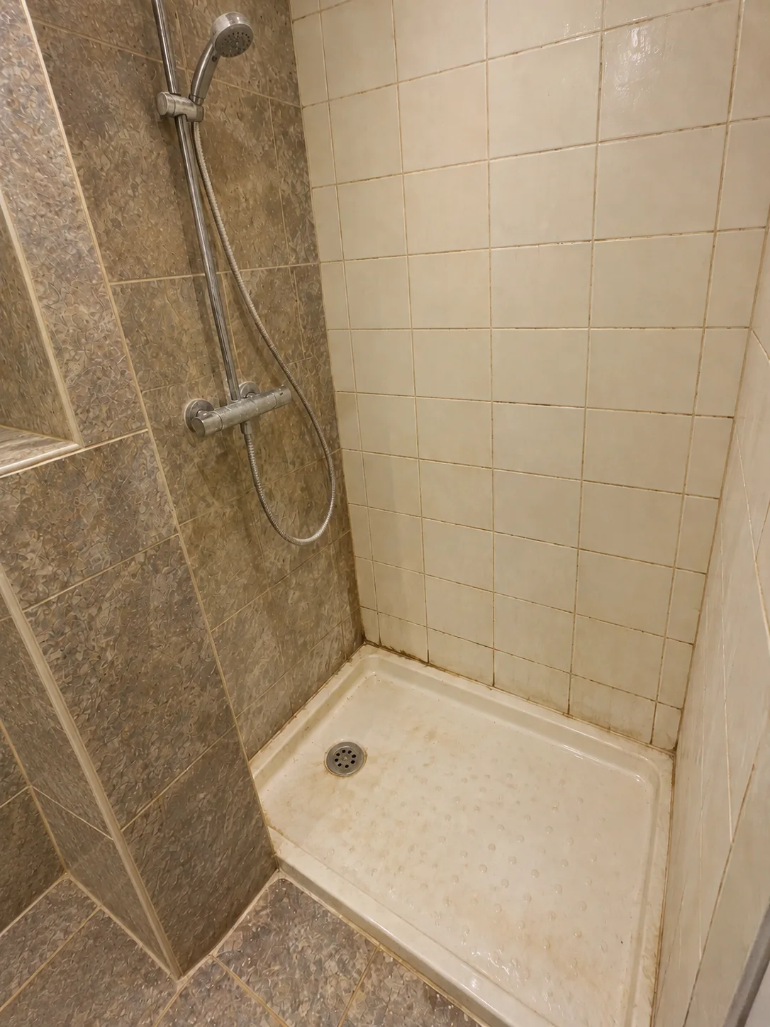 Avant : la douche d’origine, carrelage beige et gris